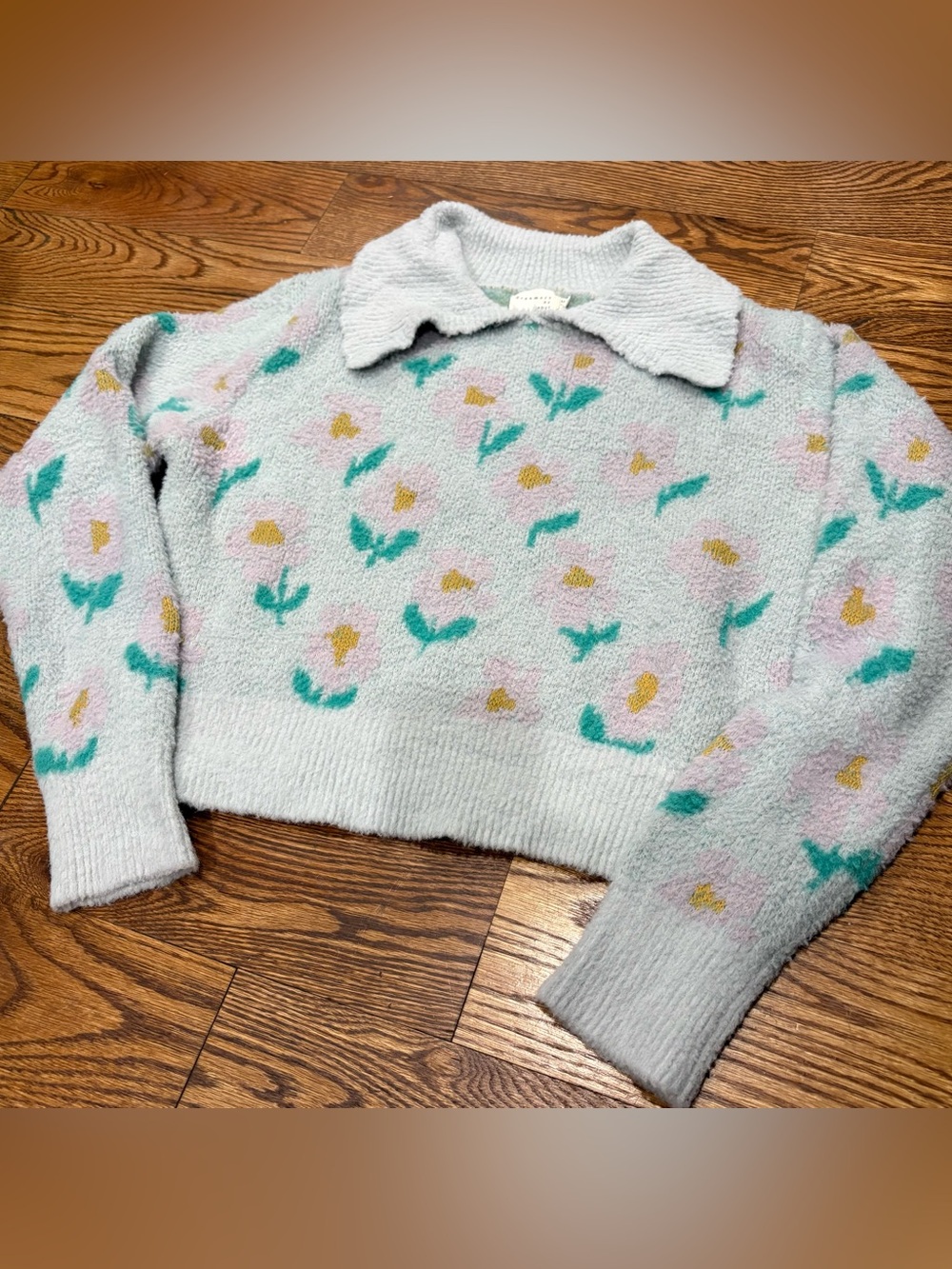 debut Pastel Floral Collared Crop Sweater - Light Blue